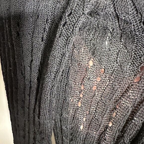 Linen Blend Cardigan Beach Sweater Boho Coldwater Creek M 10/12 Black Open Knit - Picture 5 of 7